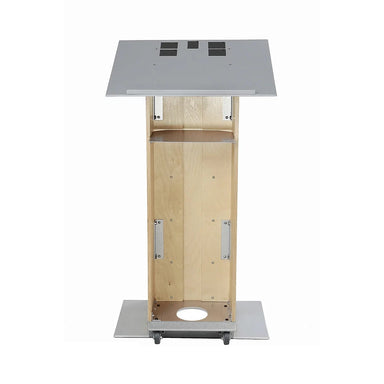 The back side of the k2 church lectern. add on  options, shelf, and base plate grommet for access to floor trap.