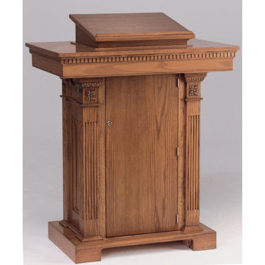 Trinity Wooden Church Pulpit - Has spacious work surface for bible, and notes.  A church podium with wheels for easy mobility.