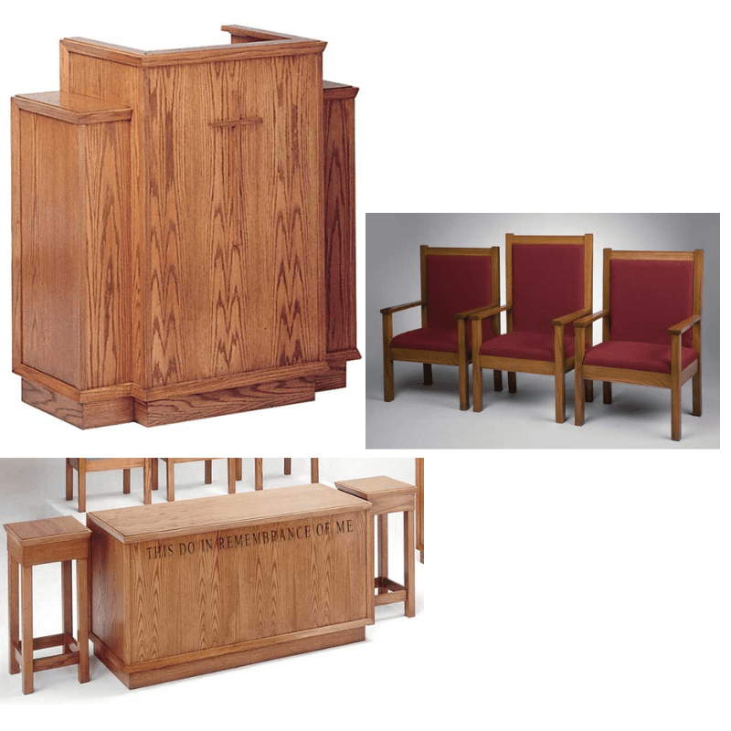 400 pulpit set with pulpit, chair, table, and two flower stands