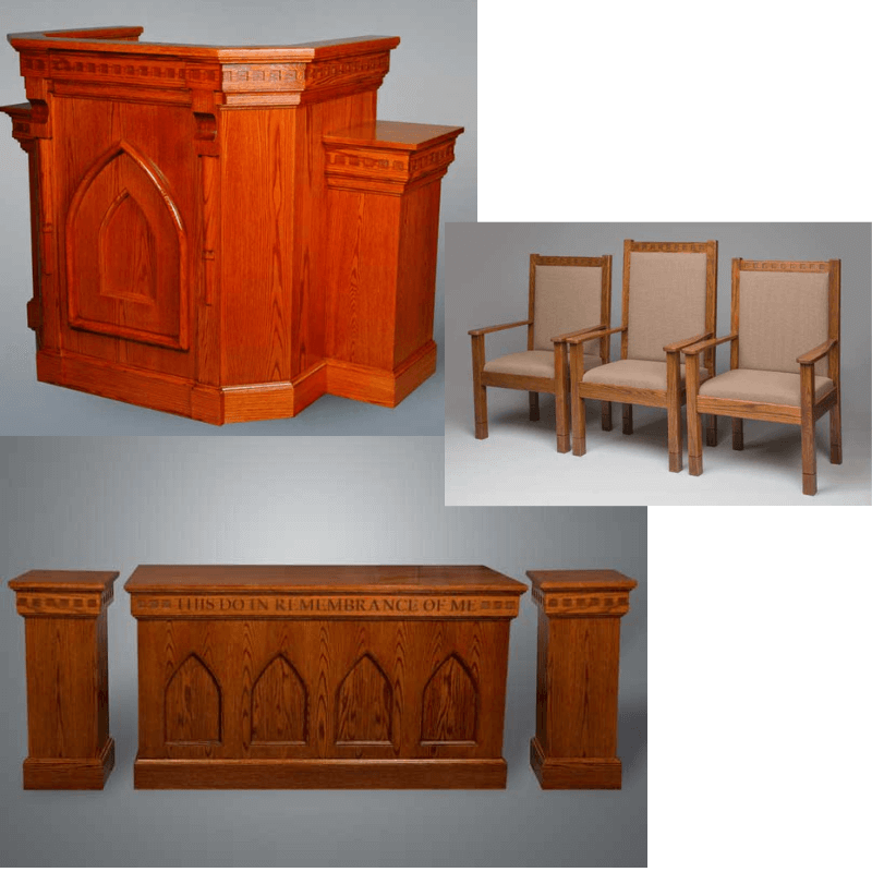 900W pulpit set with chairs, table and two flower stands