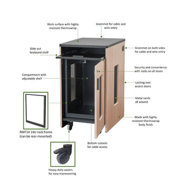 AVFI RK5105 14U AV Cabinet with door open and all the features shown