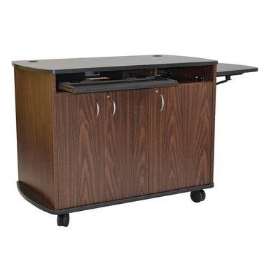 Nova Solutions Curved Top AV Lectern with keyboard trey pulled out, and pullout shelf