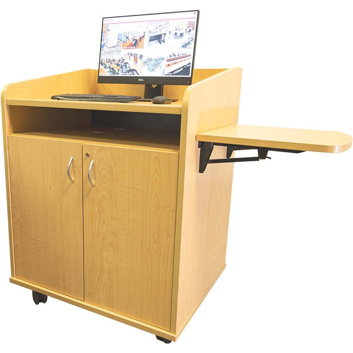 teacher podium with storage- door opens up and keyboard tray pulled out
