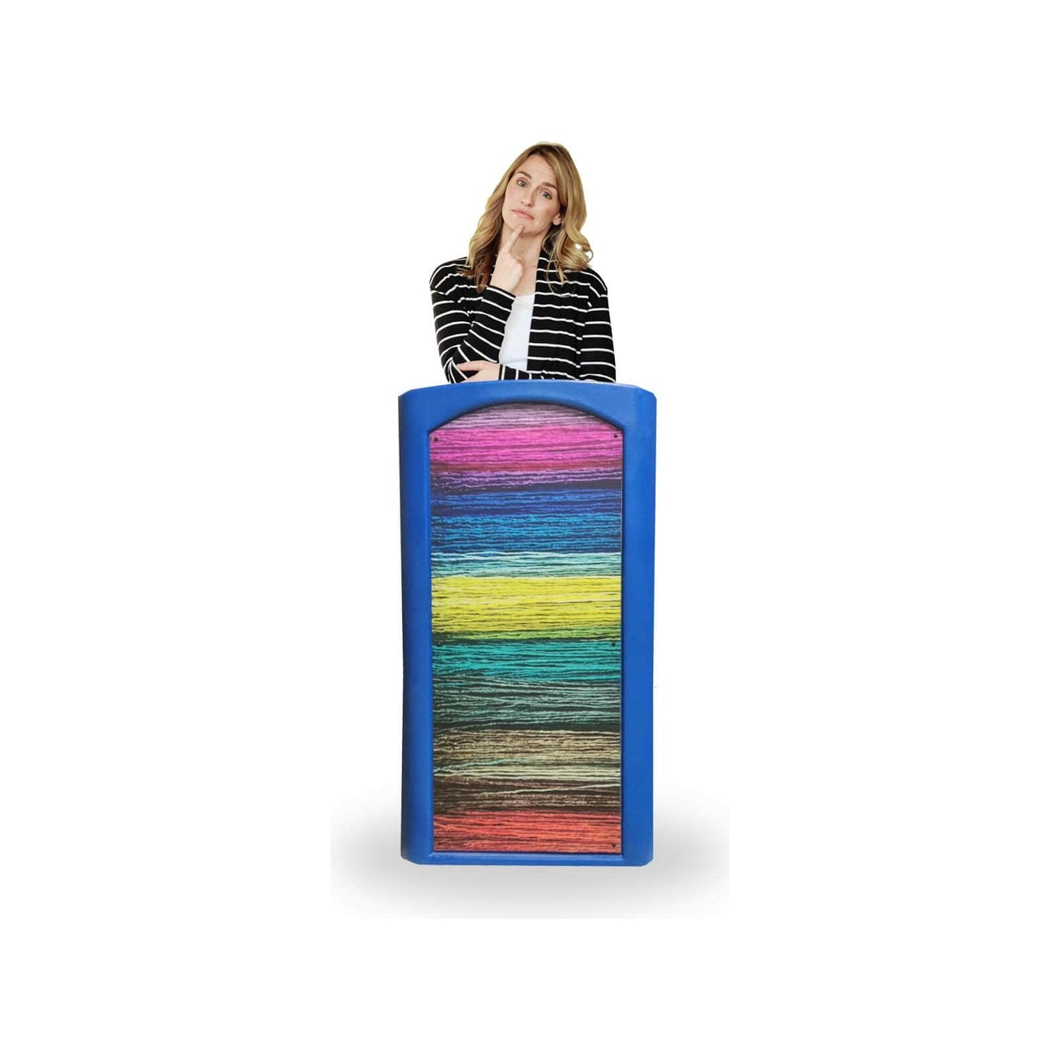 Colorful portable podium with woman standing behind it