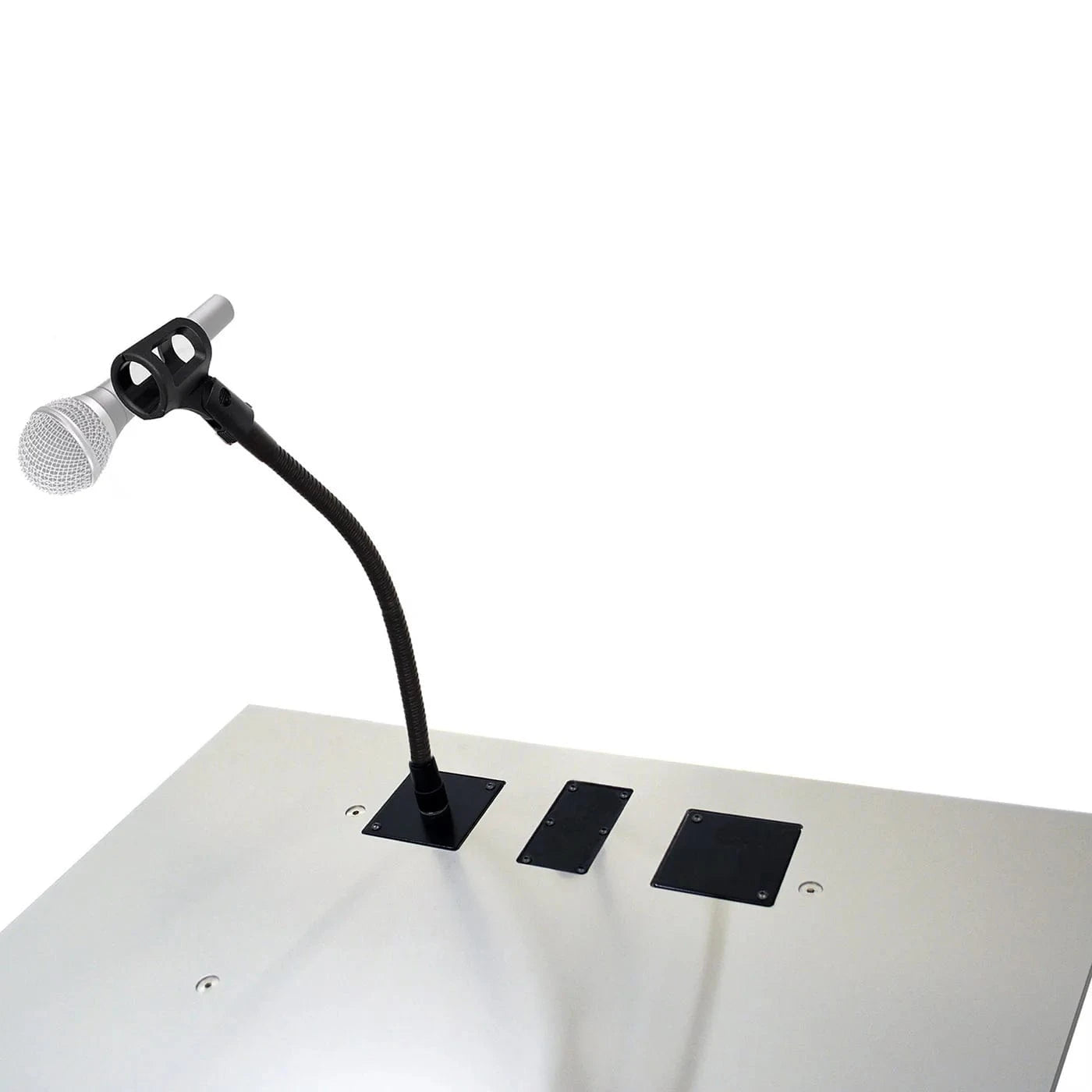 Microphone on a stand attached to a white surface with a black base.