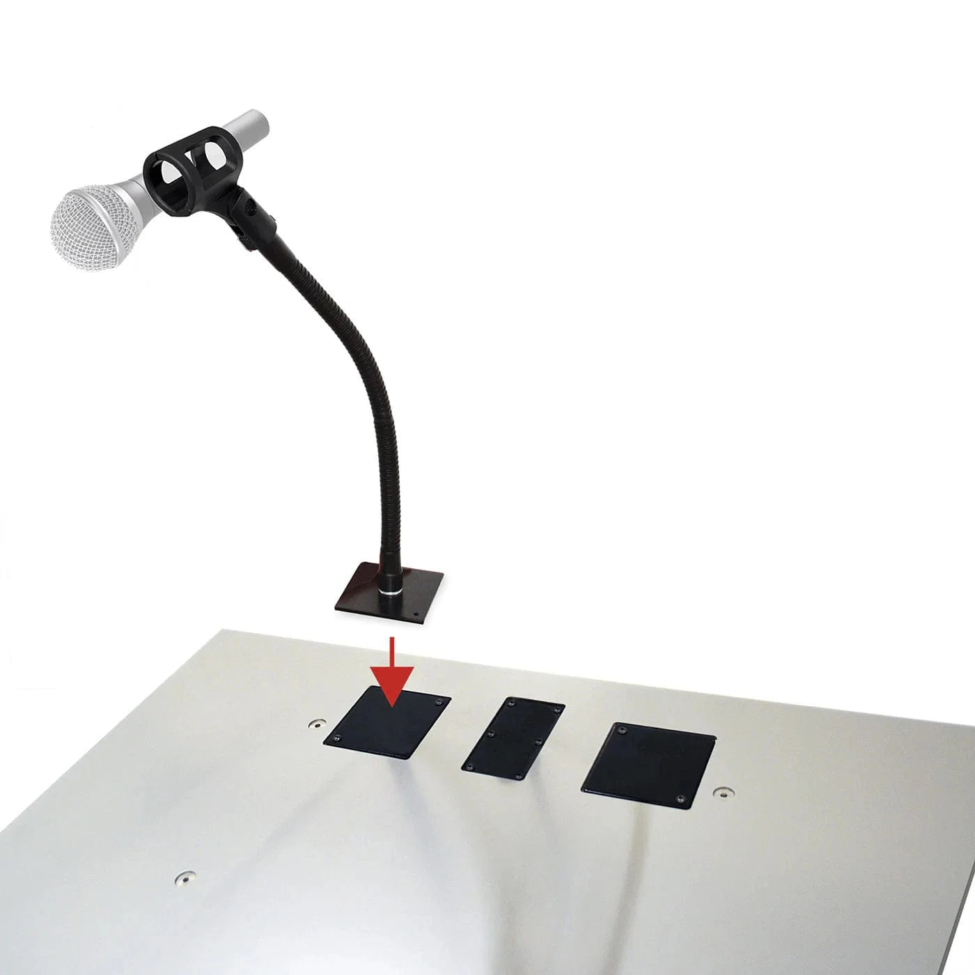 Microphone stand with a red arrow pointing to a mounting plate on a white surface
