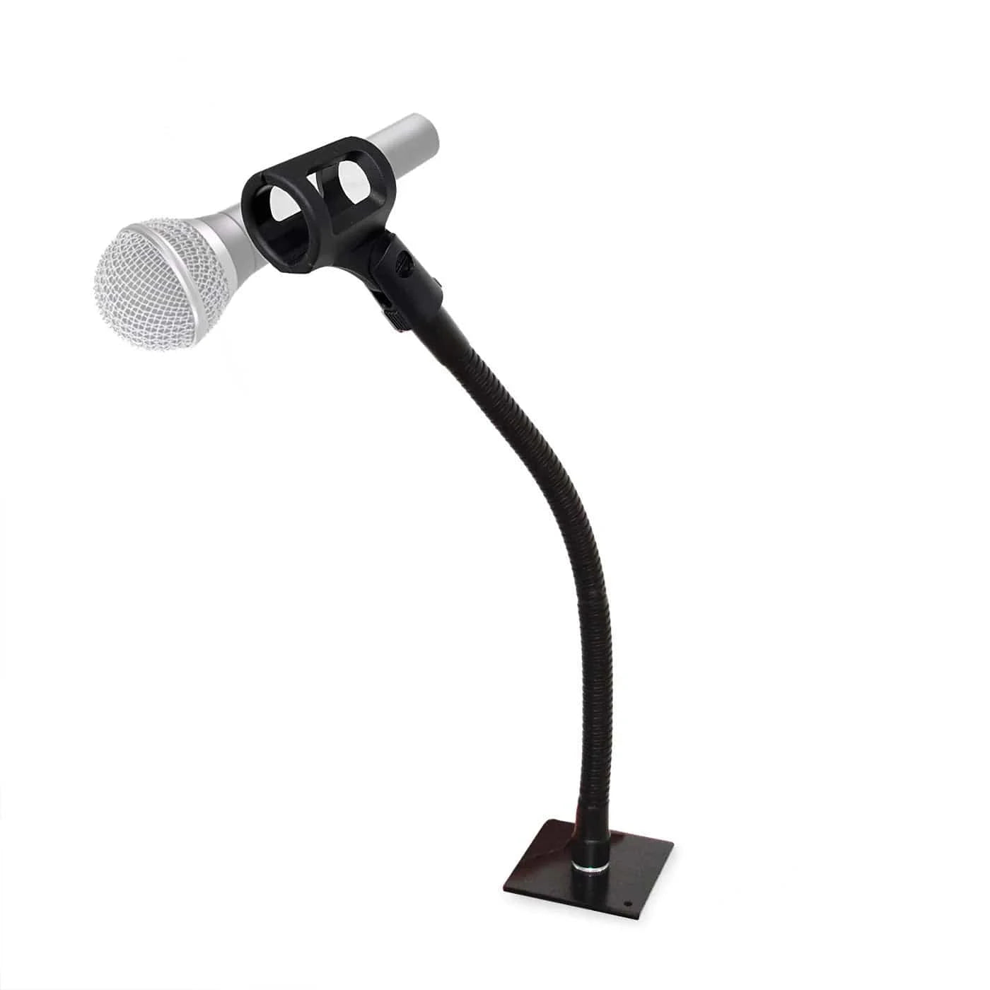 Microphone with a black gooseneck stand on a white background