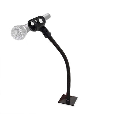Microphone with a black gooseneck stand on a white background