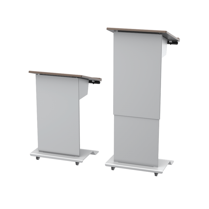 Height adjustable podium lowered and raised front view