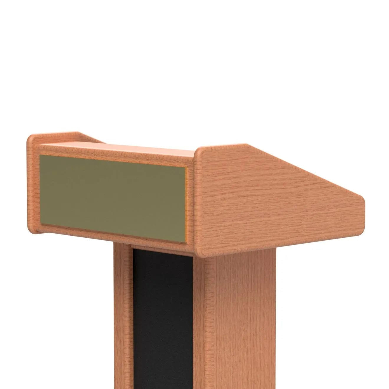 A portable lectern with a logo