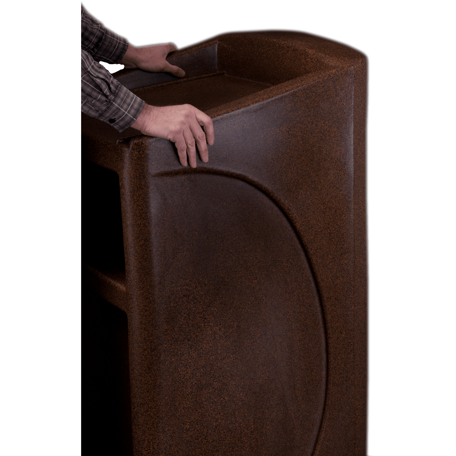 A person speaking behind a podium with his hands on the wrist rest