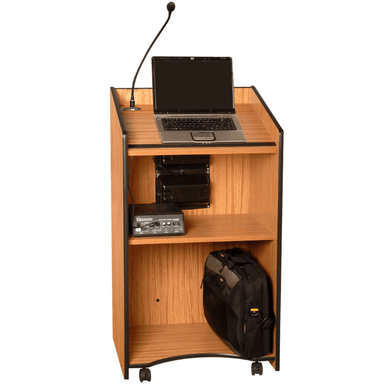 Amplivox Presidential Plus Lectern SW450-  Wooden podium with wheels always make life easier.  A spacious work surface with a book stopper, and two large storage shelves.