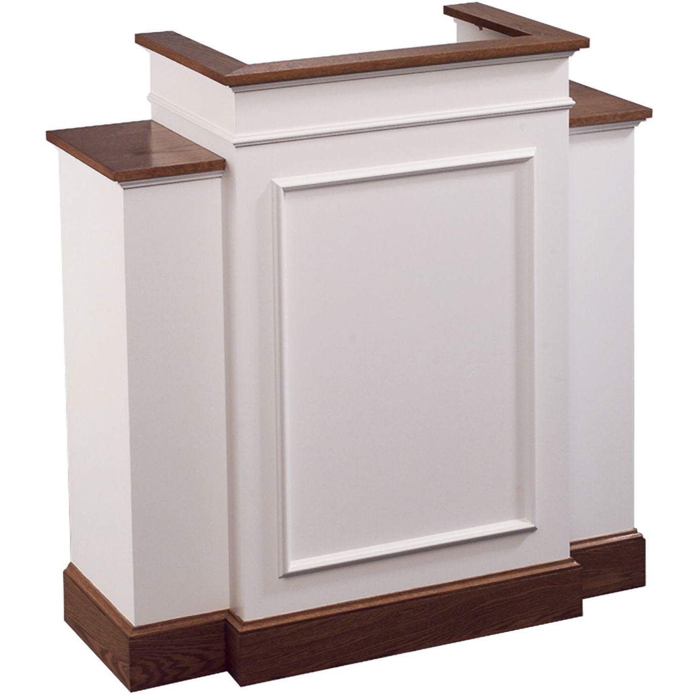 Traditional Winged Pulpit Front View.  White body with stained wood top and bottom base