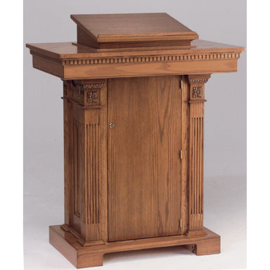 Trinity Wooden Church Pulpit - Has spacious work surface for bible, and notes.  A church podium with wheels for easy mobility. 