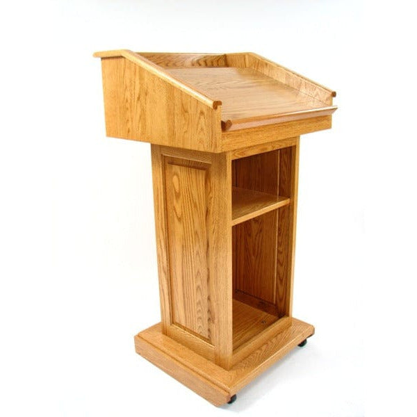 Executive Wood The Counselor Hardwood Lectern back side. Adjustable work surface, and shelf to place items.