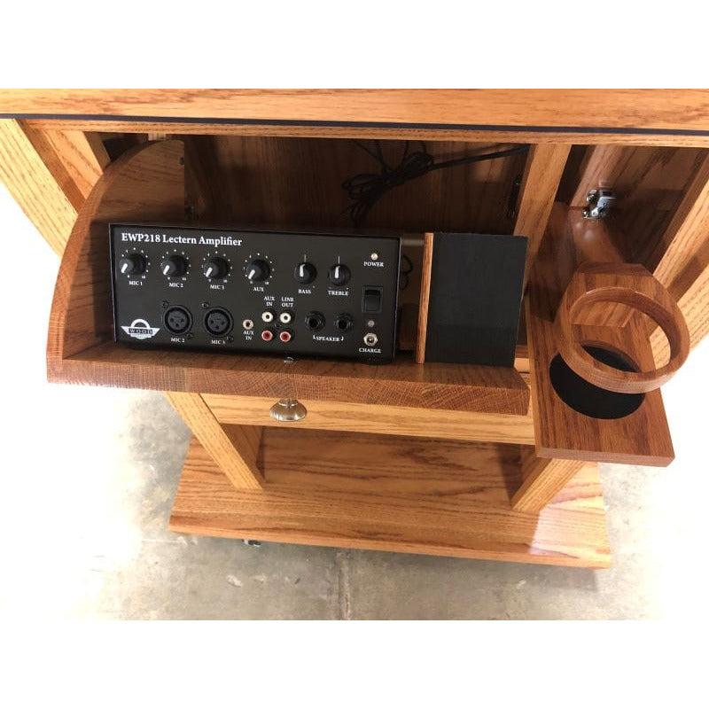 Executive Wood Presidential Plus Evolution Lift Adjustable Height Lectern- pullout space for amplifier, and a cup holder