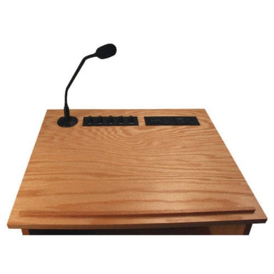 Amplivox Chancellor Sound Lectern SW470-  this wooden podium stand has a spacious reading surface.  The reading surface has a book stopper, 21" gooseneck microphone, and control panels.